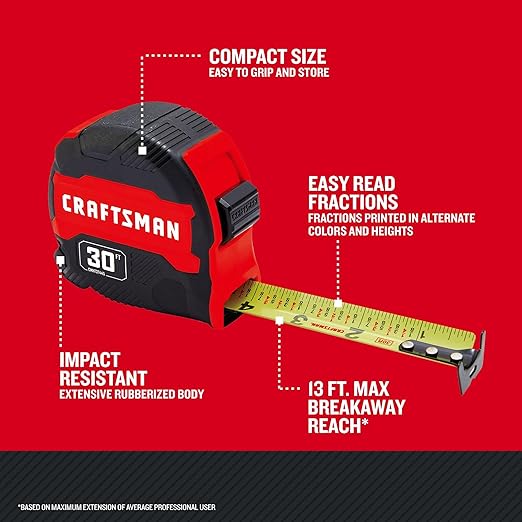 CRAFTSMAN 30-ft Tape Measure with Fraction Markings, Retractable (CMHT37445S)