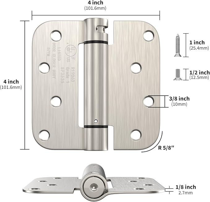 goldenwarm 6 Pack 4 Inch Satin Nickel Brushed Self Closing Door Hinges with 5/8'' Radius Corners - Adjustable Tension Soft Close Hinges for Interior/Exterior Doors, Durable & Quiet Closure