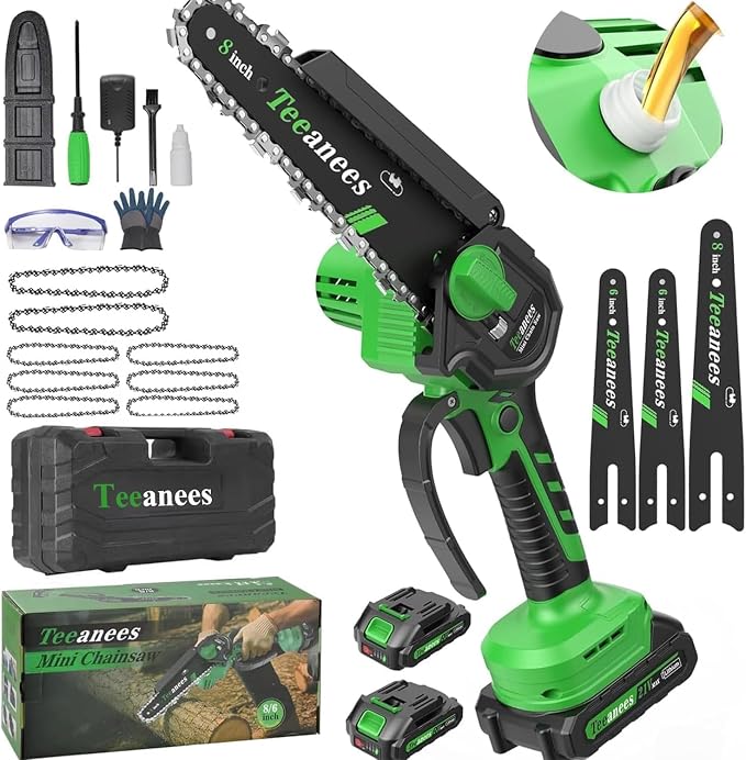 Mini Chainsaw Cordless with 2 Batteries & 8 Chains, Dual Guide Bars (8" & 6"), 1000W Electric Battery Powered Chain Saw for Tree Trimming, Wood Cutting, Garden Gift (Green)