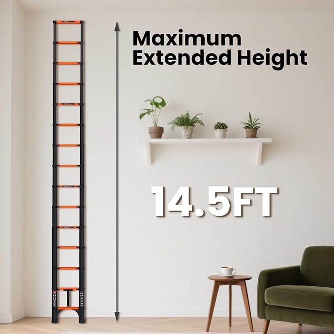 SINMEIRUN Telescoping Ladder, 14.5 FT, Aluminum Extension Ladder, 330 lbs Capacity, Collapsible Multi-Purpose Ladder for Home, Roof and RV; Orange