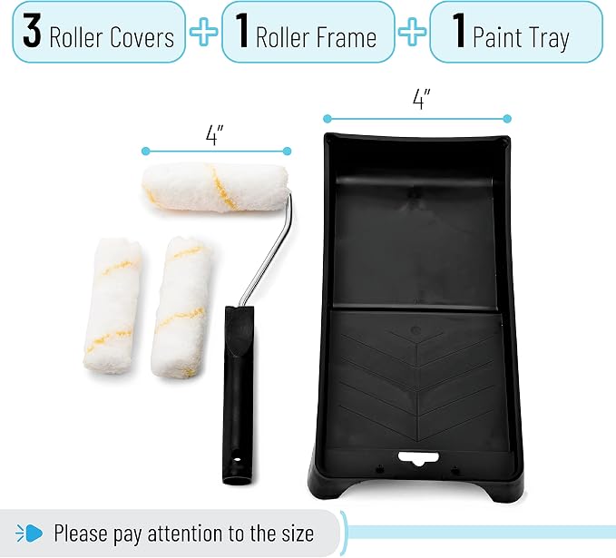 Bates- Paint Tray Set, 4 inch Paint Roller, Paint Tray, Foam Roller, Roller Brush, Small/Mini 4", House Painting Supplies, Paint Roller Covers, Roller Frame, Roller Naps