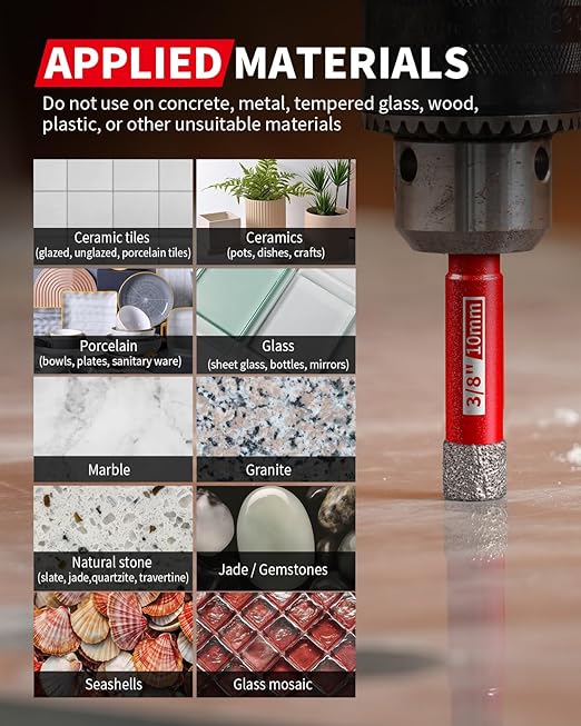 DAYDOOR Dry Diamond Drill Bits Set, 3/16" 1/4" 5/16" 3/8" 1/2" Diamond Hole Saw Kit for Porcelain Tile Ceramic Glass Marble Granite, Tile Drill Bits with Cooling Wax, Round Shank (12-Piece)