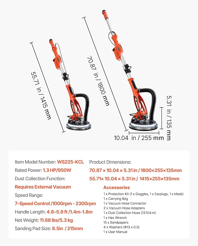VEVOR Drywall Sander, 950W Electric Drywall Sander, Popcorn Ceiling Removal Tool with 7 Variable Speed 1000-2300 RPM, Double-Deck LED Light, Foldable & Extendable Handle, 15 Sanding Discs, Dust Hose