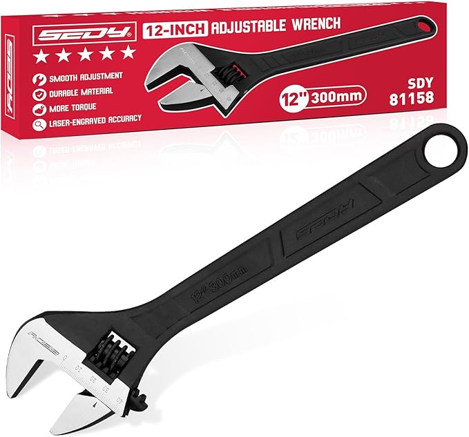 SEDY 12-Inch Adjustable Wrench, Black Oxide Finish Wide Jaw Spanner with Inch/Metric Scale, Premium Drop Forged Steel for Automotive Plumbing and Household Repairs