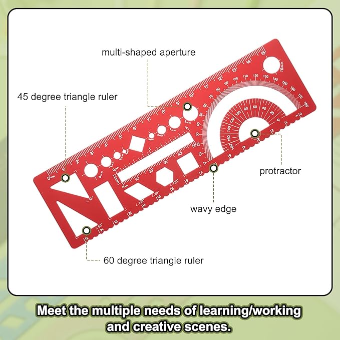 HARFINGTON Multifunctional Geometric Rulers 15cm Metric and SAE Aluminum Straight Edge Protractor Angle Math Measuring Ruler Geometric Drawings Templates for Drawing Drafting, Red