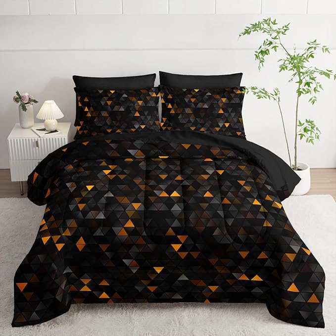Nttopship Geometric Yellow Black Triangle Queen Size Comforter Set,Light Honeycomb Bedding Set 7 Piece in A Bag,Bed Sheet Set Geometry Decor,Microfiber Lightweight All Season