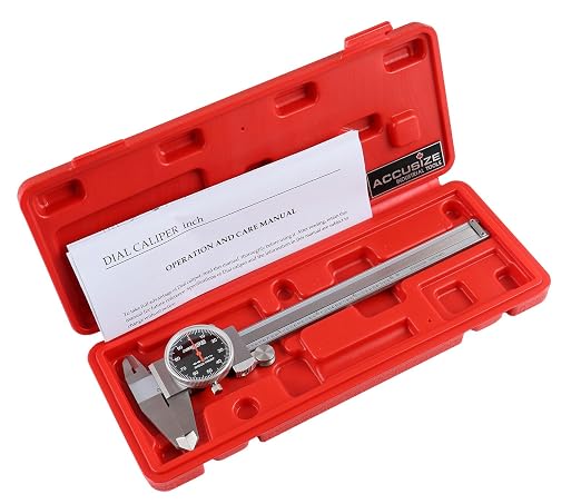 Accusize Industrial Tools 0-6" x 0.001" (Range x Resolution) Dial Caliper, Black Face Red Needle, Stainless Steel in Fitted Box, P920-B216 | 0-6" Range, 0.001" Resolution, Stainless Steel, Satin Chrome Finish, Covered Rack, P920-B216
