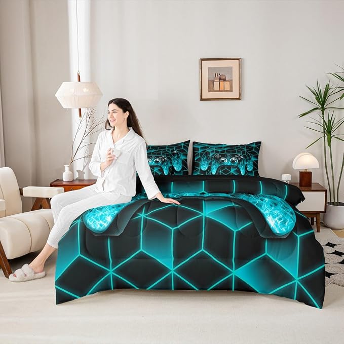 Game Consoles Bed in a Bag King Size Comforter Set 7 Pieces,Neon Geometric Gamepad Gamer Bedding Set,3D Geometric Gamer Sheet Set Teal Flame Bed Set,Gaming Decor for Boys Bedroom Gamer Gifts