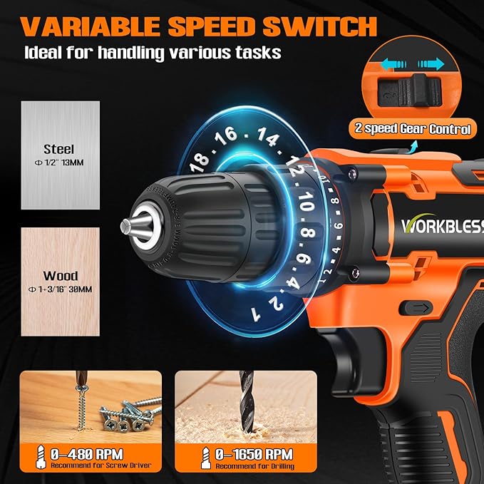 WORKBLESS 21V Power Drill Set, Cordless Drill with Batteries and Charger, 3/8'' Keyless Chuck, Variable Speed, 18+1 Torque Setting and 28pcs Bits Tool Set(Orange, 2 Batteries)