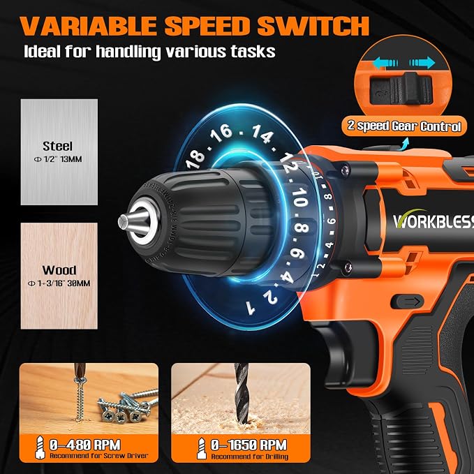 WORKBLESS 21V Power Drill Set, Cordless Drill with Battery and Charger, 3/8'' Keyless Chuck, Variable Speed, 18+1 Torque Setting and 28pcs Bits Tool Set(Orange, 1 Battery)
