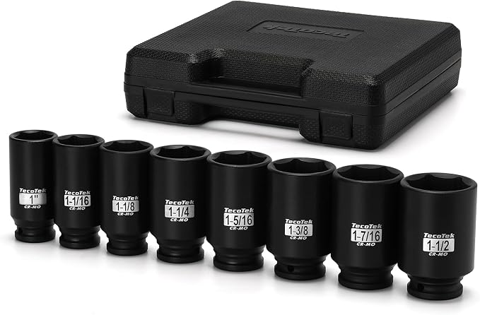 TecoTek 1/2" Drive Deep 6-Point Impact Socket Set, 8-Piece Standard SAE Spindle Axle Nut Impact Socket Set, Cr-Mo, 1-Inch to 1-1/2-Inch Size