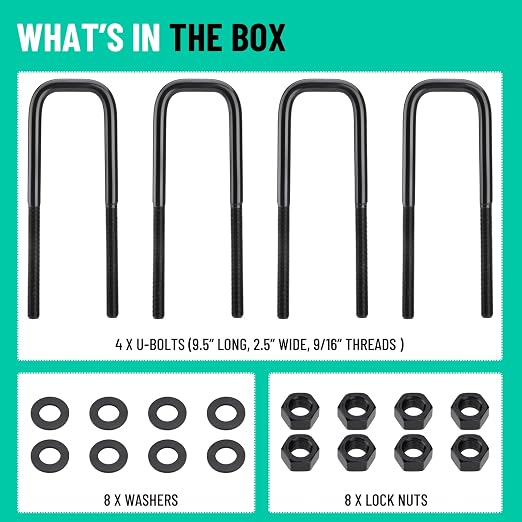 Square Bend U-Bolts, 9.5" Long x 2.5" Wide x 9/16" Thread