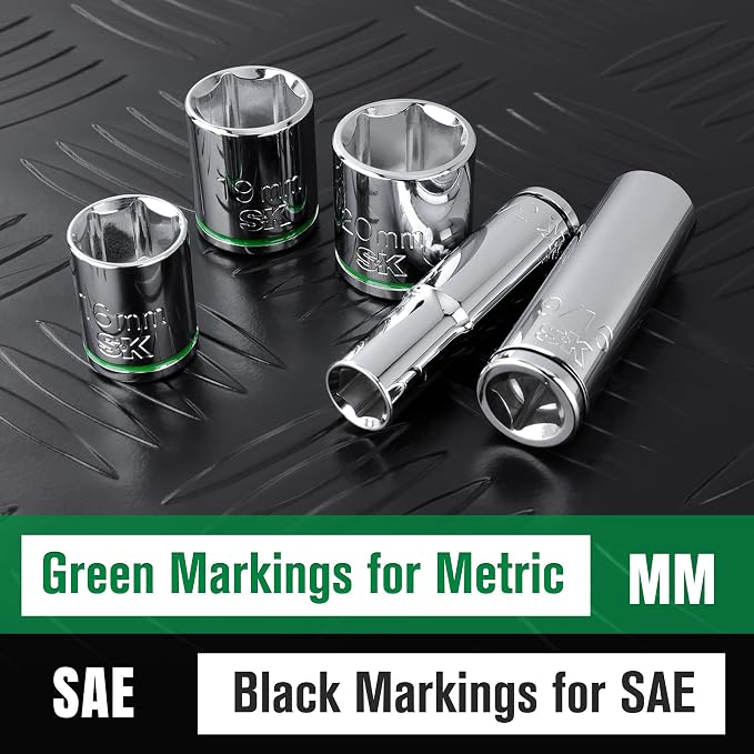 SK 3/8" Drive Socket Set, Metric Sockets, 13-Piece 8-20mm | SuperKrome Finish, Premium CR-V Steel, with Aluminum Socket Organizer