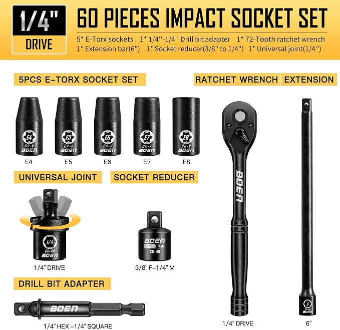BOEN 1/4" Drive Impact Socket Set, 60-Piece Standard SAE (5/32"-9/16") & Metric (4-15mm), Cr-Mo Deep & Shallow Kit, Includes Ratchet Handle,E-torx sockets, Reducer, Extension Bar, Universal Joint