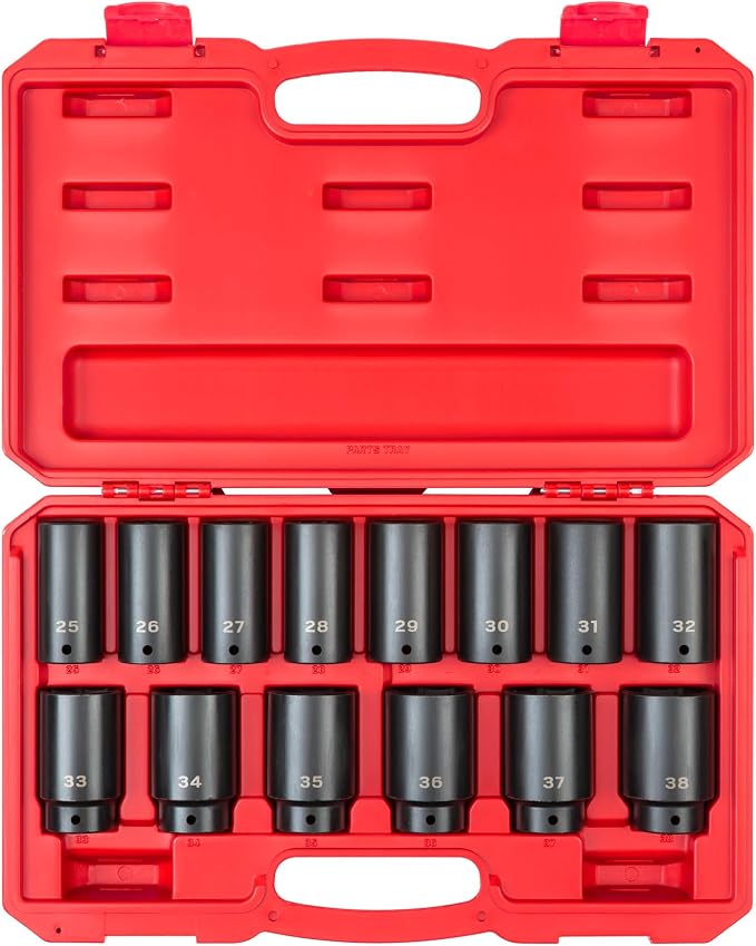 TEKTON 1/2 Inch Drive Impact Socket Set, 14-Piece | SID92333 | (25 - 38 mm), Deep, 6-Point, Case
