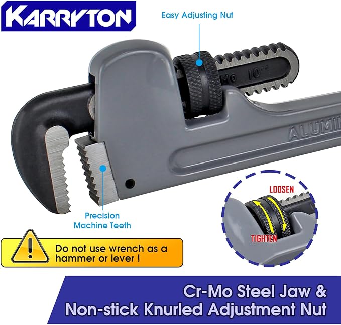 10 Inch Aluminum Pipe Wrench, 1-5/8"/41mm Adjustable Cr-Mo Jaw Opening Heavy Duty Straight Handle Plumbing Wrenches, Perfect Plumbers Tool Exceed GGG Standard