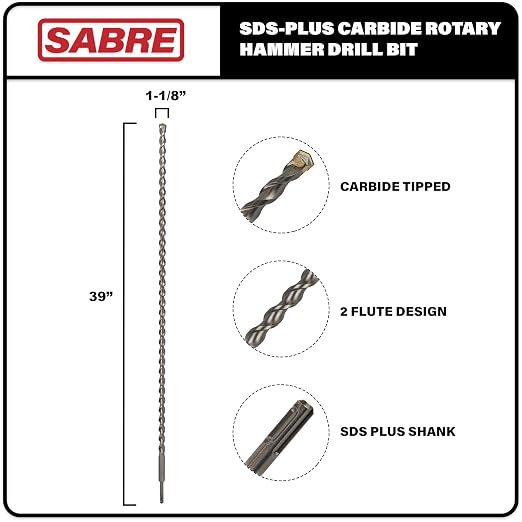 1-1/8 Inch x 39 Inch SDS Plus Rotary Hammer Drill Bit, Carbide Tipped for Brick, Stone, Concrete (1-1/8" x 37" x 39")