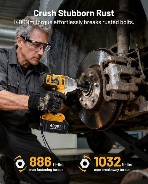 1/2" Cordless Impact Wrench, 1400N·m(1032ft・lbs) Brushless High Torque Impact Gun, Electric Impact Driver, 2x4.0Ah Batteries, LED Light, Charger, 6 Sockets, 3 Variable Speeds for Car/ Pickup/Mower