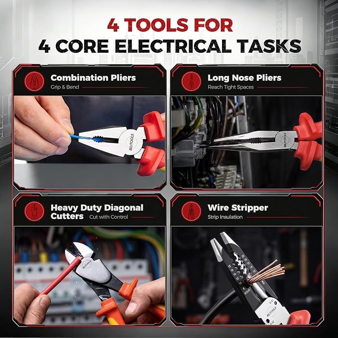 BILITOOLS High Leverage 1000V Insulated Pliers Set, Cr-Mo Electrician Tools