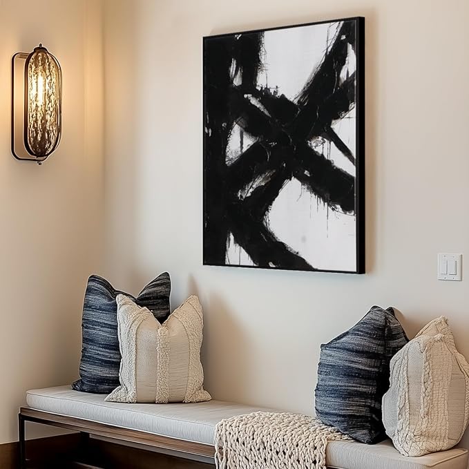 Black and White Abstract Canvas Wall Art – Framed 3 Pieces 20 x 28 Inches Modern Painting Prints with Hand-Painted Texture for Living Room, Bedroom, Office Decor