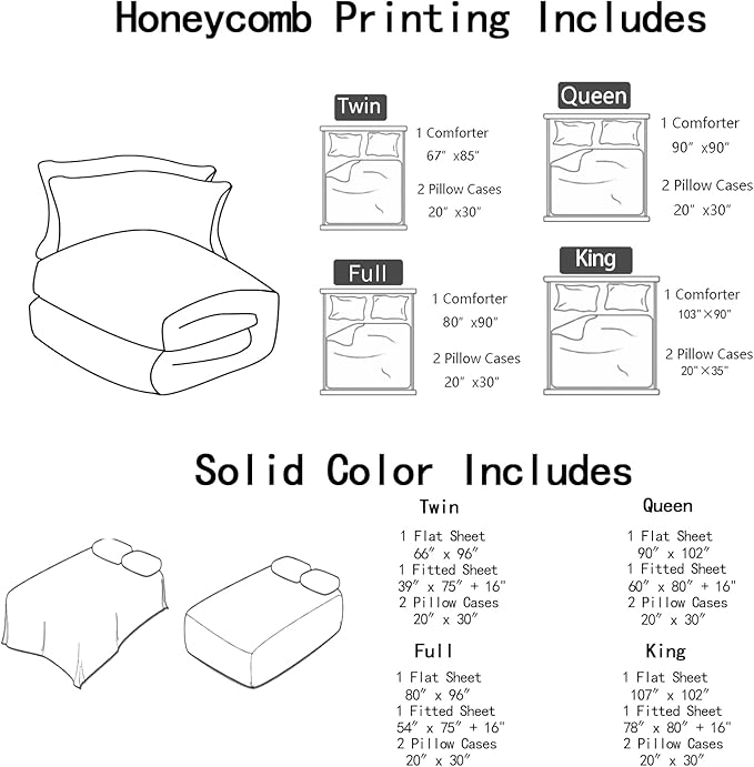 Nttopship Geometric Yellow Black Full Comforter Set,Light Honeycomb Bedding Set 7 Piece in A Bag,Bed Sheet Set Geometry Decor,Microfiber Lightweight All Season