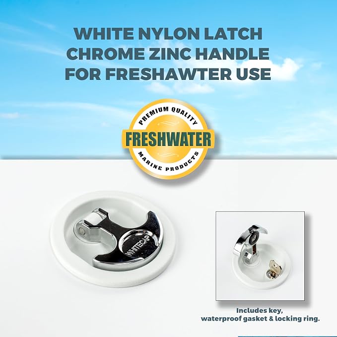 Whitecap T-Handle Latch - Chrome Plated Zamac/White Nylon - Locking - Freshwater Use Only | White nylon components, marine cabinet and furniture hardware, designed for freshwater boat use only