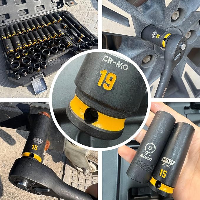 boen 3/8'' Drive Impact Socket Set, 50PCS Standard SAE (5/16 to 3/4 inch) and Metric (8mm-22mm), Deep & Shallow Size, 6-Point with Yellow Embossed Marking, CR-MO