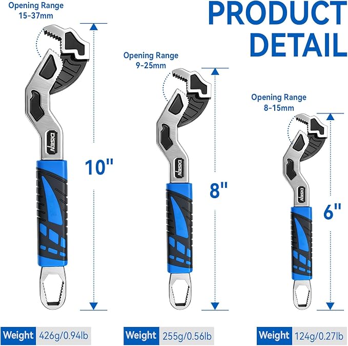DISEN 3PCS Self Adjusting Pipe Wrench 6”, 8”, 10” | Multifunctional Self Locking Wrench Set, Plumbing Tools for Pipe Fittings and Nuts, Chromium Vanadium Steel