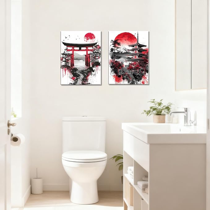 2Pcs Japanese Canvas Wall Art - Red Black Landscape Prints, Modern Minimalist Asian Oriental Decor, Ready to Hang,Framed
