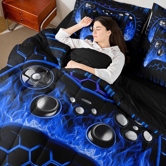 Erosebridal Boys Gamer Bed in a Bag Queen Comforter Set 7 Piece Ombre Art Honeycomb Sheet Set Blue Neon Lights Bedding Set Game Consoles Bed Set Geometry Hexagon Beehive Gaming Room Decor