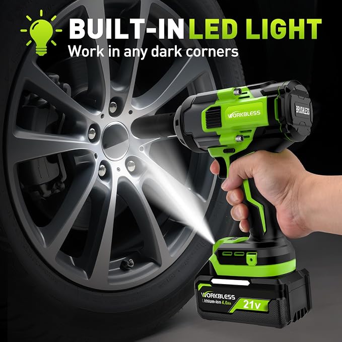 Cordless Impact Wrench 1/2" 1100Ft-lbs(1500N.m) W/ 21V 2 Battery | High Torque Impact Driver,4.0Ah Battery Electric Brushless Impact Gun for Car/Heavy Truck/Pickup,3-Speed,4 Socket,LED Light