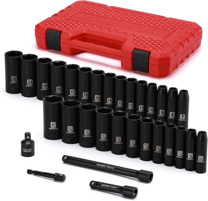 MIXPOWER 3/8" Drive Deep Impact Socket Set, 6 Point, 31 Piece SAE and Metric Socket Set, 7-22mm, 5/16"-1", Cr-V Steel Mechanic Socket Set