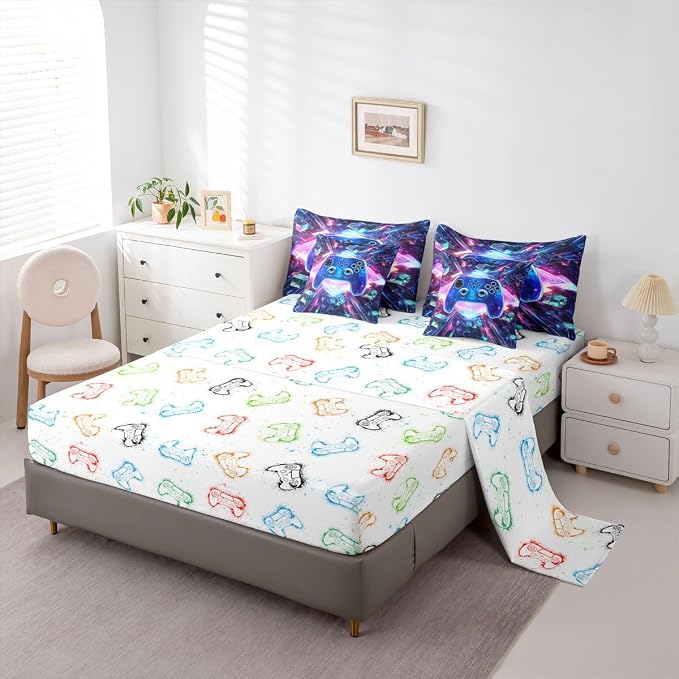 Erosebridal Galaxy Gaming 7 Piece Comforter Set Full Bed in a Bag | 3D Cube Gamer Bedding Sets Diamond Neon Lights Comforter and Sheet Set, Modern Game Consoles Bed Sets