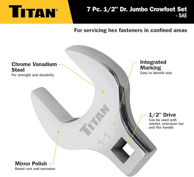Titan 17671 7-Piece 1/2-Inch Drive SAE Jumbo Crowfoot Wrench Set