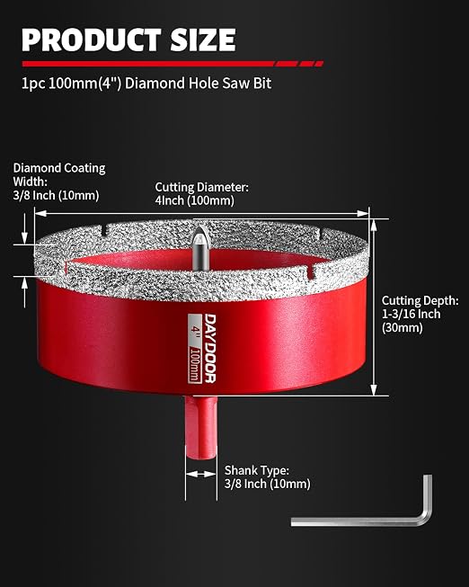 DAYDOOR 4" Diamond Hole Saw Bit with Pilot Drill Bit-1pc 100mm Diamond Tile Hole Saw with Guiding Bit for Porcelain Tile Ceramic Pottery Granite Stone Glass Bottles(3/8" Triangle Shank)
