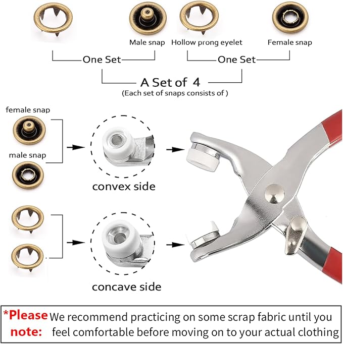 GTAAOY 100 Sets 9.5mm Metal Snaps Buttons Perfect for Clothes Hats and Sewing, 5 Colors Hollow Prong Snaps with Fastener Pliers Press Tool Kit
