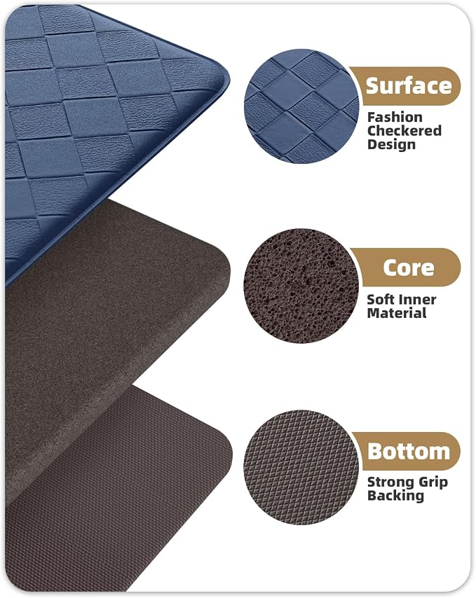 Color&Geometry Anti Fatigue Cushioned Checkered Designed Kitchen Mats Set, Easy Clean, Waterproof & Oil Proof Kitchen Floor Mat, Anti Slip Runner for Front Sink Comfort Standing,17x29+17x59,Blue