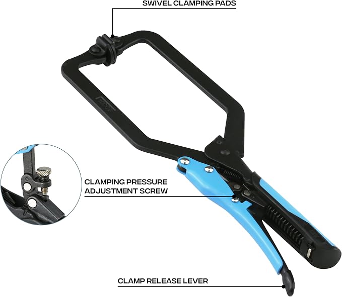 OX Auto Adjust 10-Inch Long Reach C Clamp w/Swivel Pad Locking Pliers - Vise Grip Style Welding Clamp for Woodworking & Metalworking - Professional Grade Face Clamp with Rubber Grip Handle