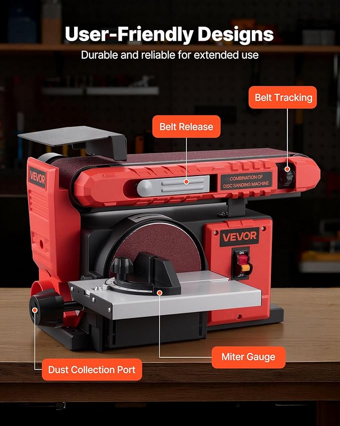 VEVOR 6" Disc Sander & 4" x 36" Belt Sander, 400W Professional Belt Disc Sanders Combo with 0-45° Adjustable Worktable & Dust Collection Port for Woodworking, Knife Sharpening, DIY Crafting