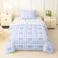 Feelyou Blue Grid Bowknot Bedding Set Soft for Boys Girls, Bow Checkered Comforter Set Twin Size Princess Duvet Quilt Microfiber Bedroom Decor 2 Pcs with 1 Pillow Cases