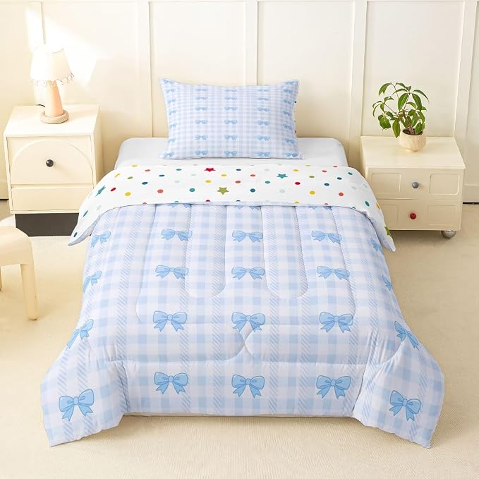 Feelyou Blue Grid Bowknot Bedding Set Soft for Boys Girls, Bow Checkered Comforter Set Toddler Size Princess Duvet Quilt Microfiber Bedroom Decor 2 Pcs with 1 Pillow Cases