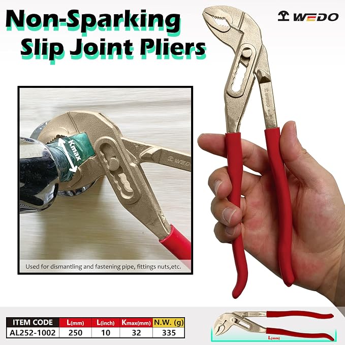WEDO Non-Sparking Slip Joint Pliers with Rubber Grip Handle 10", Spark-free Safety Slip Joint Pliers, Aluminum Bronze, DIN Standard, BAM & FM Certificate, Size 10 * 32 * 250mm