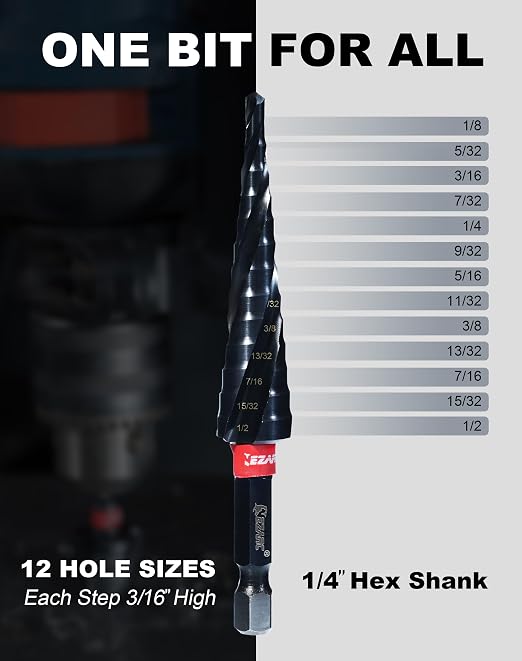 EZARC M35 Cobalt Step Drill Bit, Wear-Resistant AlTiN Coated Step Drill Spiral Flute Unibit Step Drill Bit (1/8"-1/2"), 1/4" Hex Shank for Metal, Stainless Steel, Aluminum, Plastic