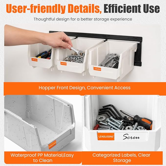 14pc Wall-Mounted Storage Organizer Mixed V1 V2 Combo White | Heavy duty metal rails multi-size bins combo pack for garage tools, screws, hardware & batteries.