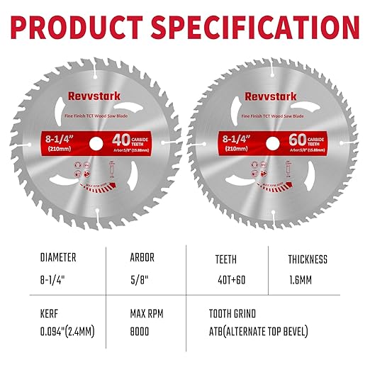 Circular Saw Blade 8-1/4 in 40T&60T, with 5/8" Arbor, Carbide Tipped Teeth, TCT Saw Blades for Cutting Various Wood, Plastic and Composite Materials, Fit Dewalt Craftsman Ryobi Milwaukee