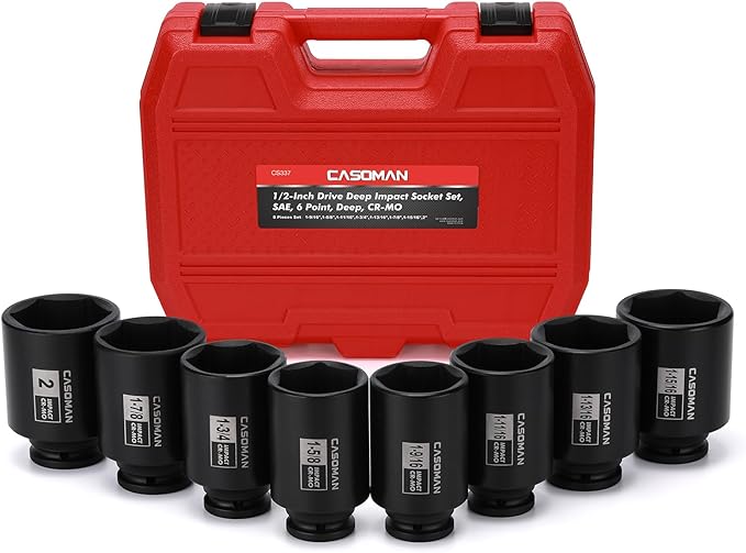 CASOMAN 8PCS 1/2"Dr. Deep Impact Socket Set-SAE, 1-9/16" to 2", 6-Point, Spindle Axle Nut Impact Socket Set, CR-MO, Impact Grade