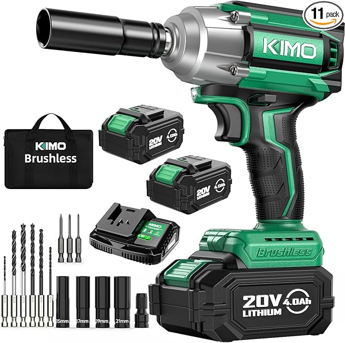 KIMO Impact Wrench 1/2 Cordless, 550N.m (410ft-lbs), 4000RPM, 9-Piece Drill & Driver Set, 4Sockets Impact Drill for Car Tires, Safety Lock, 2x4000mAh Battery, Variable Modes Power Smart Impact Wrench