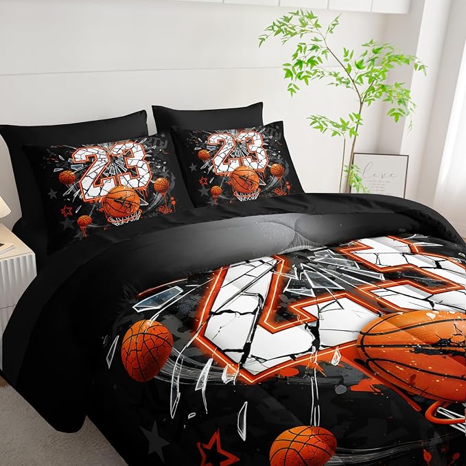 Basketball Print Comforter Set for Kids Boys,Ball Sports Games Themed All Season Bedding Twin Size,Orange Basketball and Hoop Home Decor with Comforter,Fitted Sheet,Flat Sheet,Pillowcases.