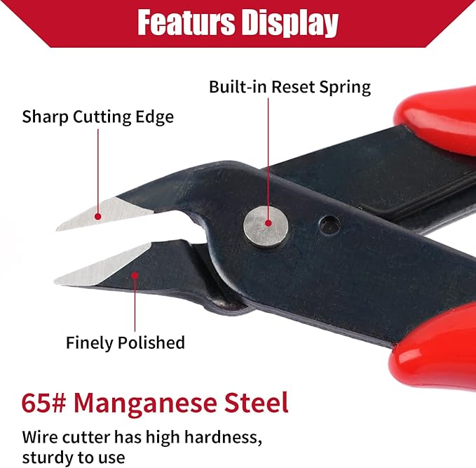 2 Pack Micro Wire Cutters, 5 Inches Flush Cutters Pliers, Diagonal Side Cutters Nippers, Zip Tie Sprue Cutter for Electronics, Plastic Models, Jewelry (Red)