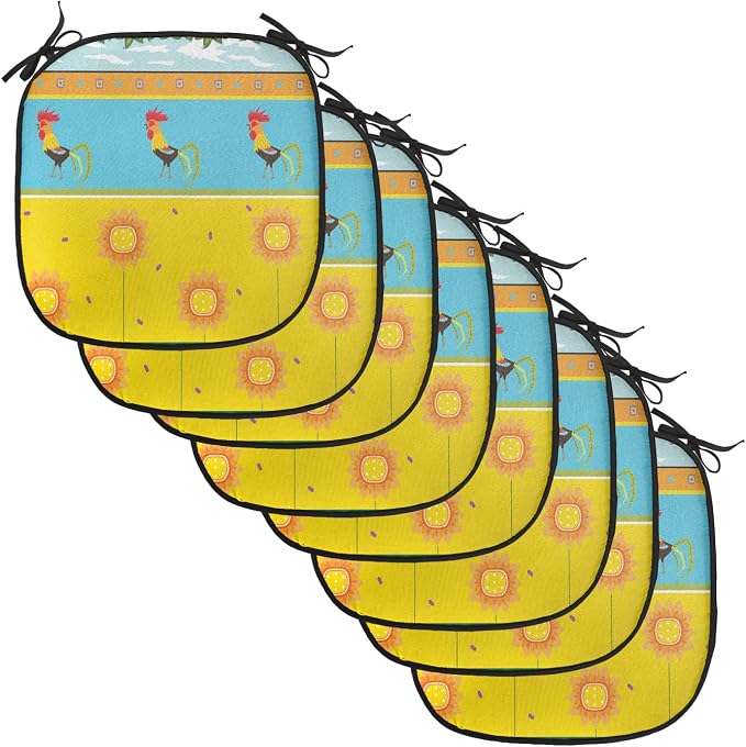 Lunarable Gallus Chair Cushion Pads Set of 8, Rooster Pattern with Sunflowers Summer Greenery Sky Floating Clouds Clipart, Anti-Slip Seat Padding for Kitchen & Patio, 16"x16", Earth Yellow Blue